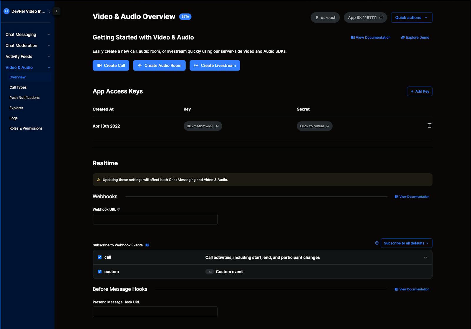 screenshot of video api dashboard for creating and testing in-app video calls